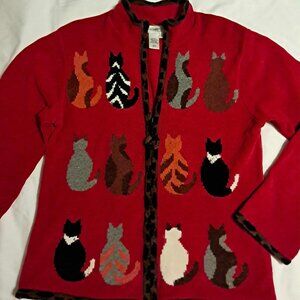 WOMENS COLDWATER CREEK RED LEOPARD TRIM CAT SWEATER CARDIGAN SMALL